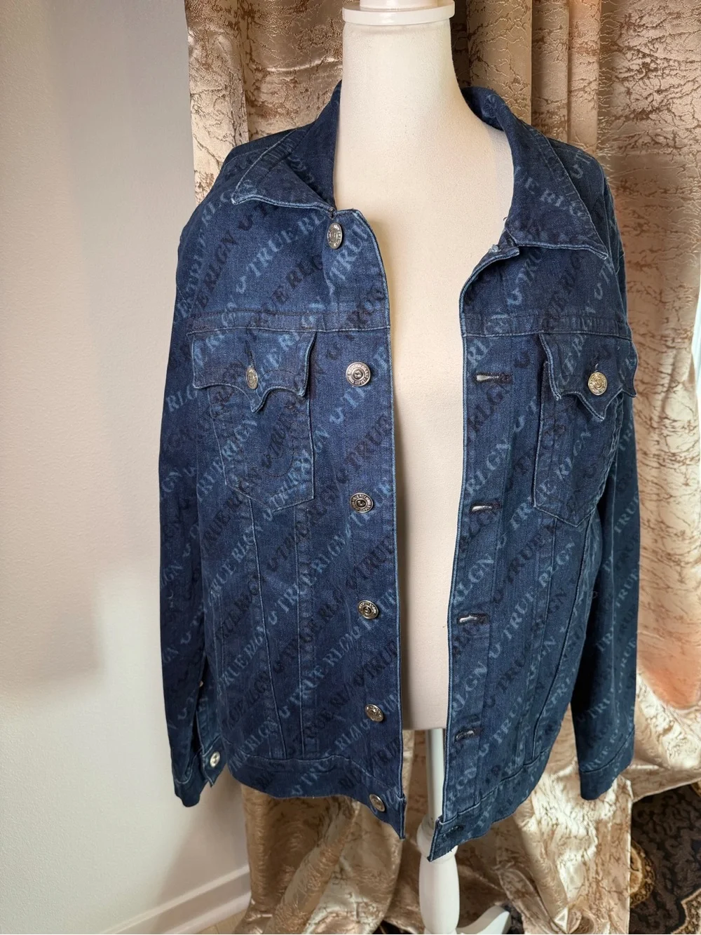 True Religion Trucker Jacket SN Monogram XXL GGMH Channel Blue NWT Denim